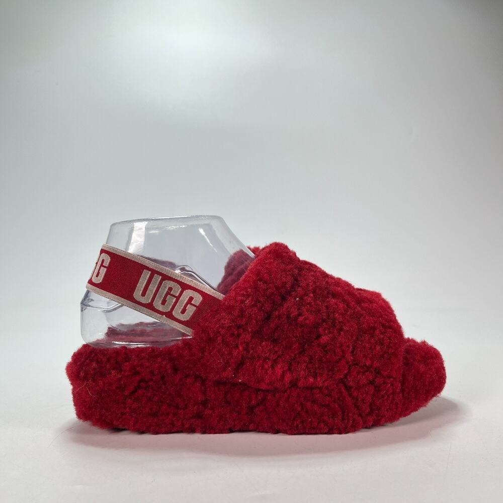 UGG Fluff Yeah Slides Red Fuzzy Sheepskin Elastic Heel Strap Sandals Womens Sz 5